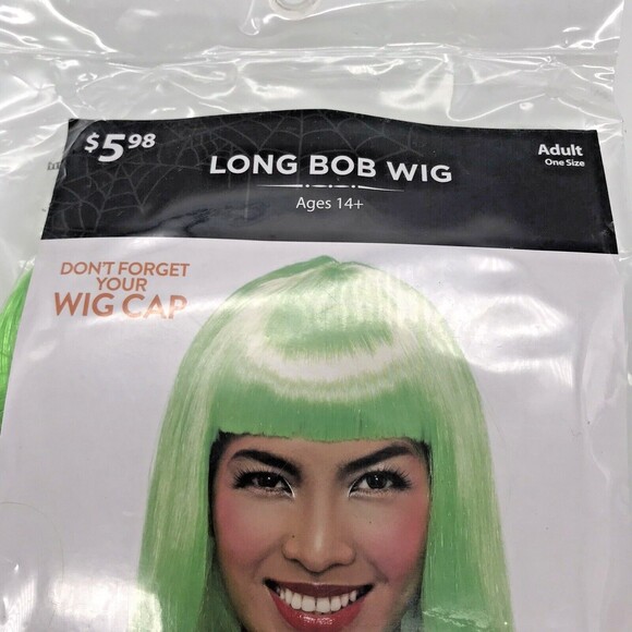 Green Halloween Wig Cosplay Party Costume OSFM Long  Bob With Bangs Hair NIP - Picture 5 of 6